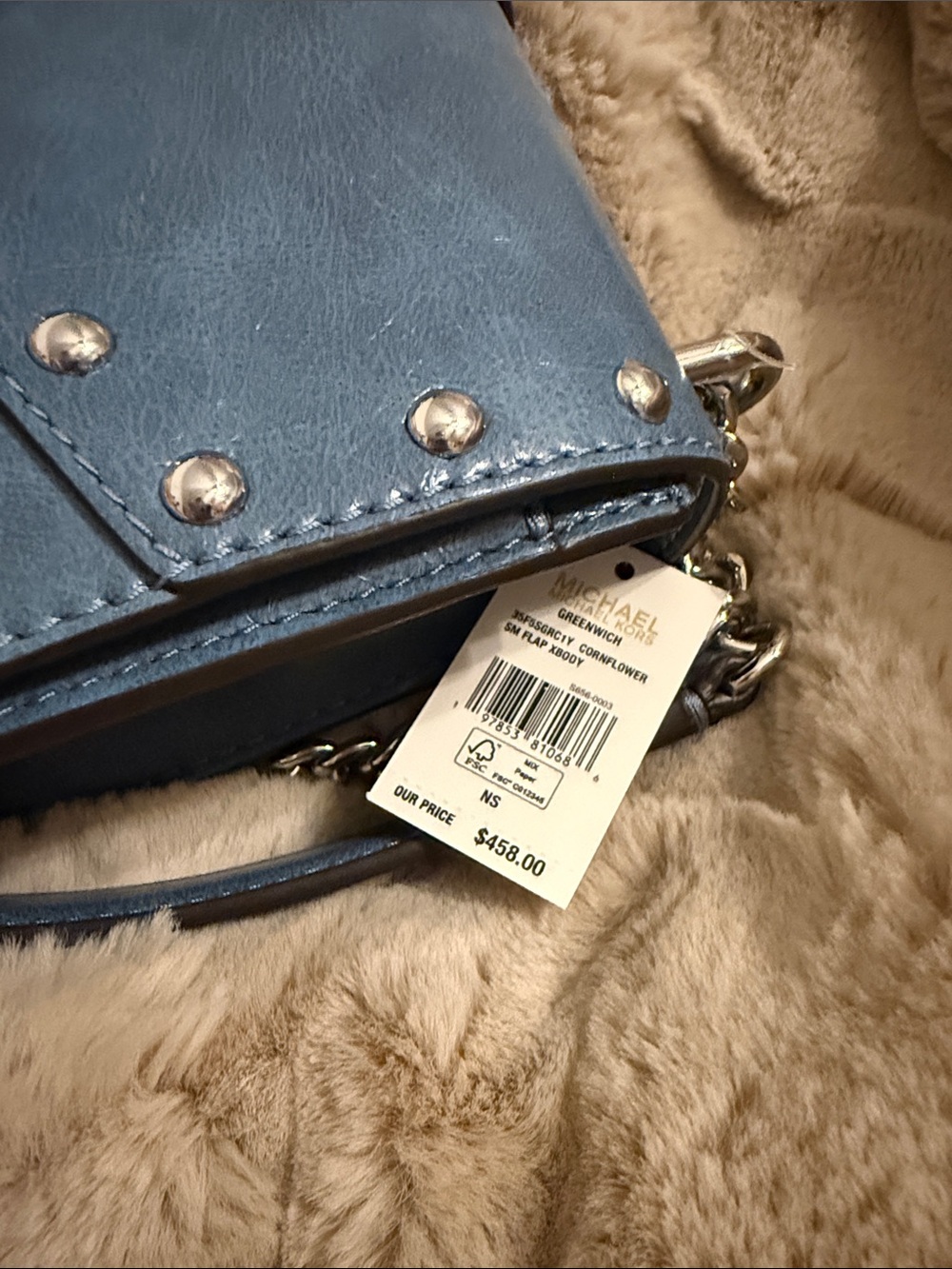 Michael Kors Denim Blue Studded MK Logo Chain Crossbody - Picture 3 of 6